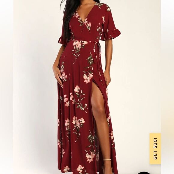 Lulus September Sunsets Burgundy Floral Print Wrap Maxi Dress Sz M NWT IN PKG - Picture 3 of 8